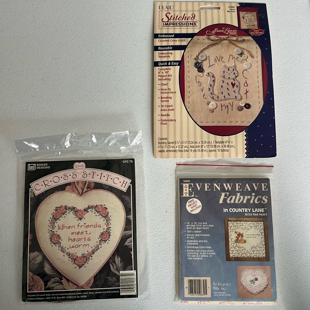 New Plaid Stitched Impressions “Love My Cat” & Banar Cross Stitch Kit Vintage